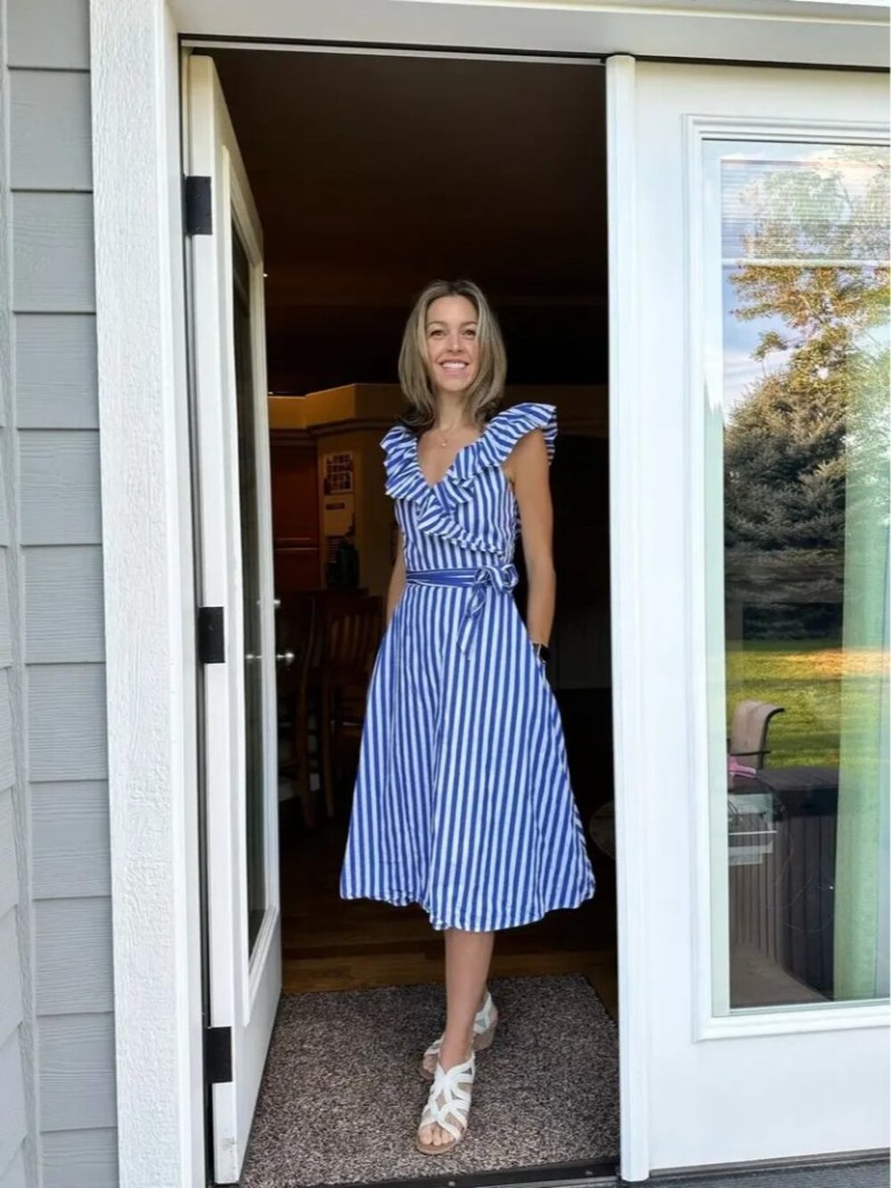 NWT Polo Ralph Lauren Striped Ruffled Cotton Mini in Blue White Wrap Dress 4 - Picture 5 of 11